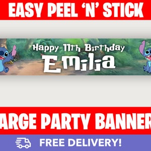Stitch Disney Lilo Personalised Kids Birthday Party Self Adhesive Banners (110cm x 22cm)