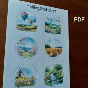 May include: A sheet of printable button templates featuring four different spring-themed designs. The designs include hot air balloons, blooming trees, sunflowers, and a windmill. The text "Buttonvorlage" and "Frühlingslandschaft" are at the top of the sheet. The text "PDF" is in the top right corner. The text "Button mit 59mm Durchmesser" is at the bottom left corner. The text "bu kreativkater" is at the bottom right corner.