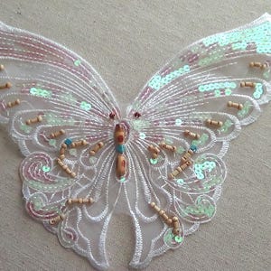 Beaded Lace Butterfly Applique: Off-White Pearl & Clear Beads