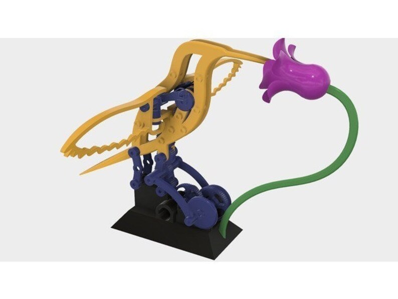 May include: A yellow and blue mechanical bird sculpture with a purple flower on a green stem. The bird's beak is open and the flower is facing the beak.