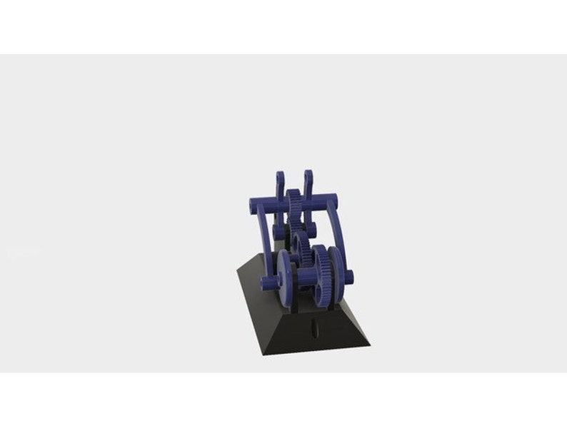 May include: A blue 3D printed gear mechanism with multiple gears interlocked and rotating. The mechanism is mounted on a black base.
