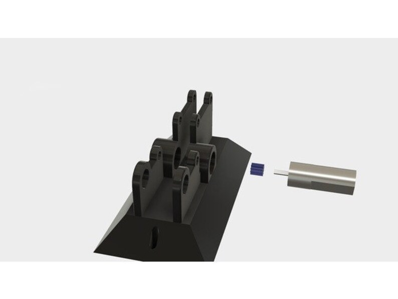 May include: A black plastic 3D printed motor mount with a small silver motor attached to it. The motor mount has a triangular base and a series of holes for mounting the motor.