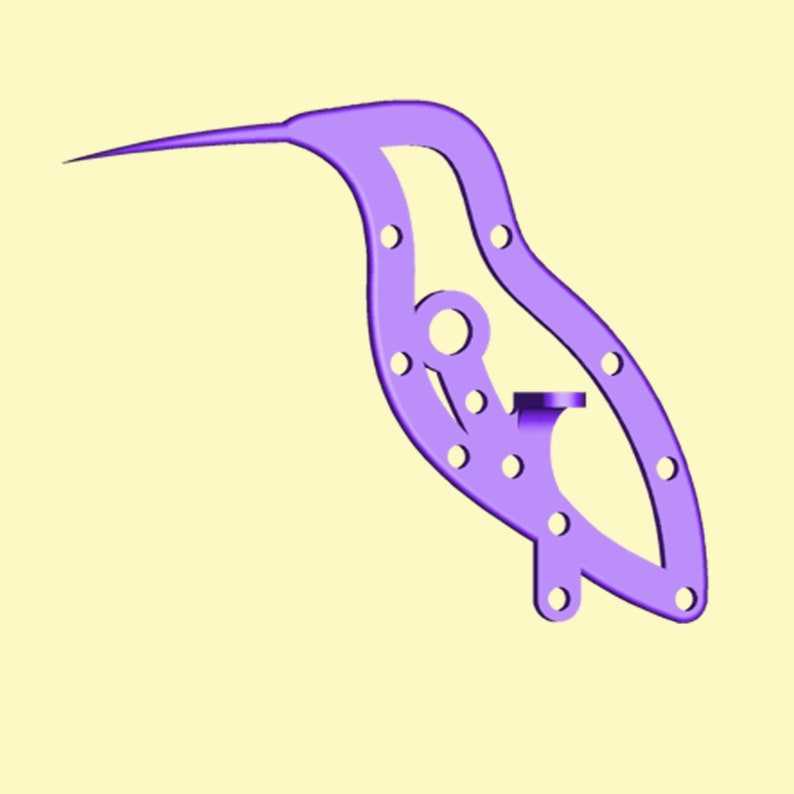 May include: A purple metal hummingbird silhouette with cut-out details and holes. The hummingbird is standing on a small platform.