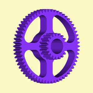 May include: A purple gear with a smaller purple gear inside. The larger gear has four spokes and a circular hole in the center.