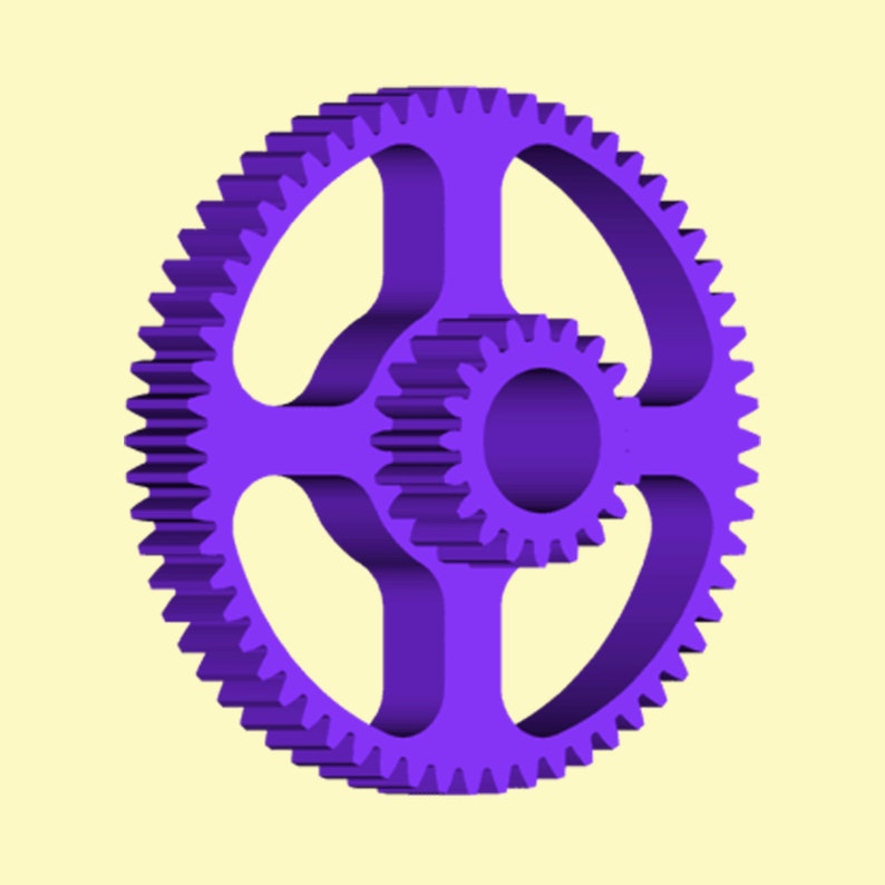 May include: A purple gear with a smaller purple gear inside. The larger gear has four spokes and a circular hole in the center.