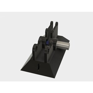 May include: A black plastic gear mechanism with a silver metal rod extending from the side. The gear mechanism has a small blue gear visible in the center.