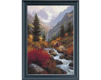 Bear in the Mountains, Cross Stitch Pattern, Wilderness, Waterfall, River, Wildlife, Landscape, Full Coverage, PDF, Instant Download