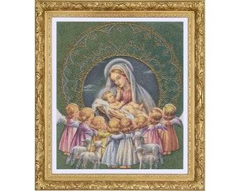 Virgin Mother Mary Little Angels Baby Jesus Full Coverage Counted Cross Stitch Pattern PDF Instant Download