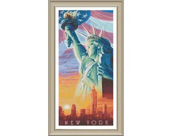 New York! Statue of Liberty Freedom Flag Counted Cross Stitch Pattern PDF Instant Download