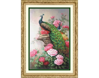 Peacocks and Peonies Floral Cross Stitch Pattern, Full Coverage Counted Cross Stitch Pattern, Birds Cross Stitch, PDF Instant Download