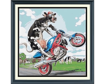 Cow Cross Stitch Pattern, Cow on a Motorcycle. Funny Cross Stitch Pattern, Full Coverage Counted Cross Stitch Pattern, PDF Instant Download