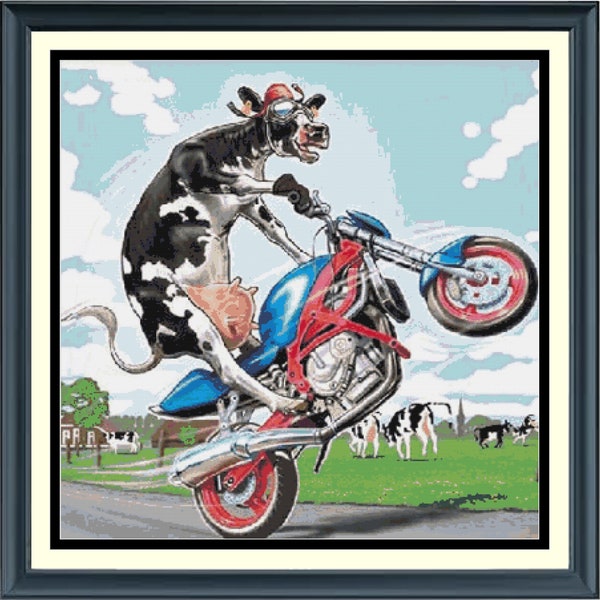 Cow Cross Stitch Pattern, Cow on a Motorcycle. Funny Cross Stitch Pattern, Full Coverage Counted Cross Stitch Pattern, PDF Instant Download