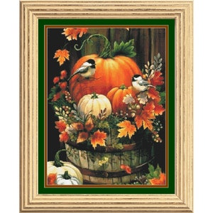 Fall Harvest Pumpkin Barrel Full Coverage Counted Cross Stitch Pattern, Birds, Fall Full Coverage Cross Stitch, PDF Instant Download