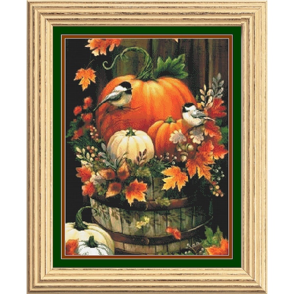 Fall Harvest Pumpkin Barrel Full Coverage Counted Cross Stitch Pattern, Birds, Fall Full Coverage Cross Stitch, PDF Instant Download