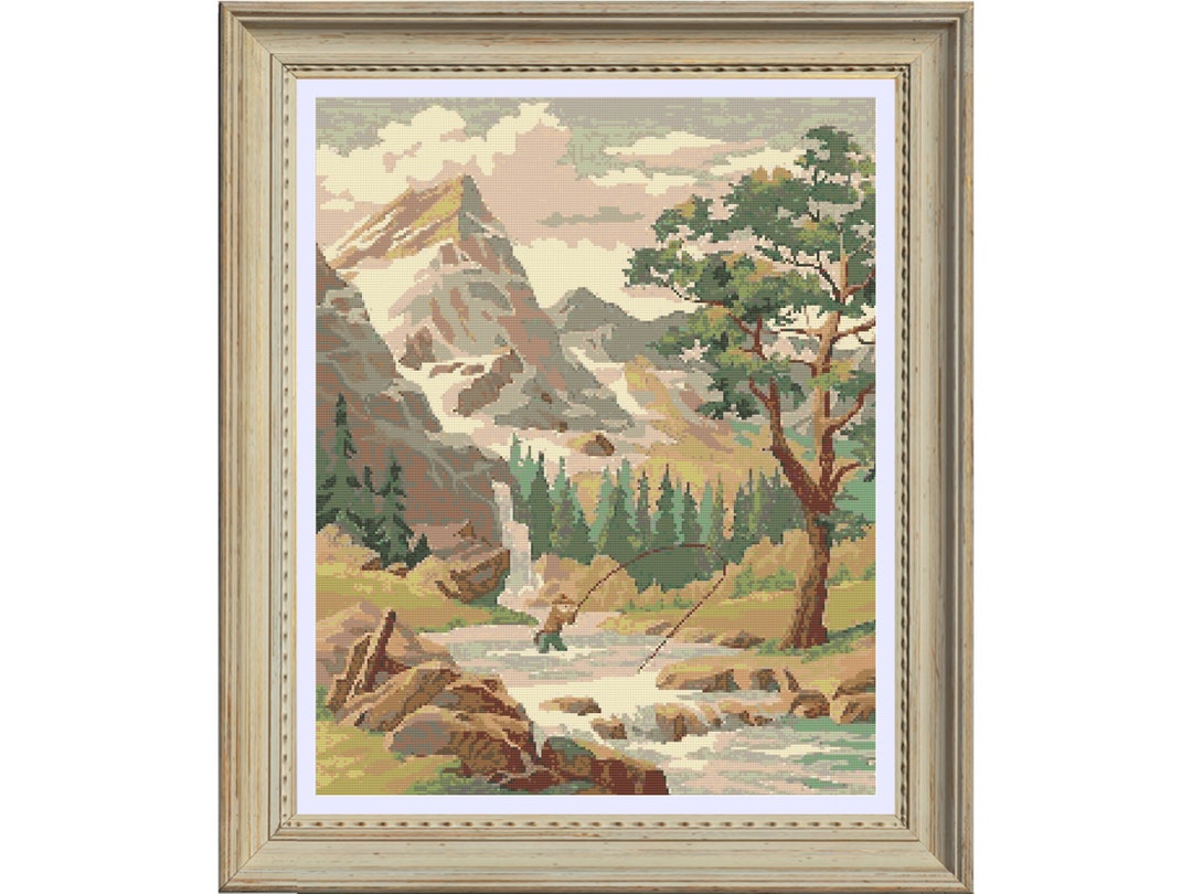 Fly Fishing Cross Stitch Pattern, Mountain Fishing Cross Stitch Pattern, Full Coverage Counted