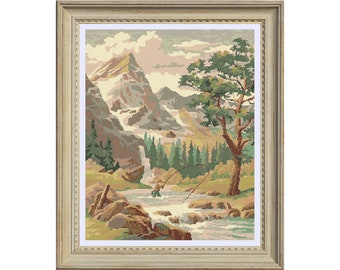 Fly Fishing Cross Stitch Pattern, Mountain Fishing Cross Stitch Pattern, Full Coverage Counted Cross Stitch Pattern, PDF Instant Download