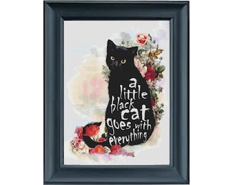 Un petit chat noir va avec tout, motif de point de croix chat noir, point de croix compté, PDF, modèle de point de croix numérique