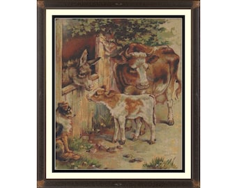 Farmyard Animals Cross Stitch Pattern PDF, Vintage Cross Stitch pattern, Counted Cross Stitch Pattern, Full Coverage Cross Stitch Pattern