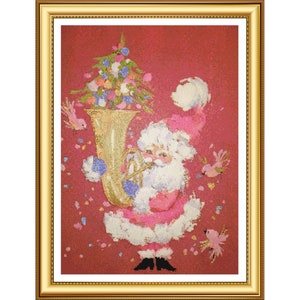 Vintage Musical Santa Tuba Christmas Full Coverage Counted Cross Stitch Pattern PDF Instant Download