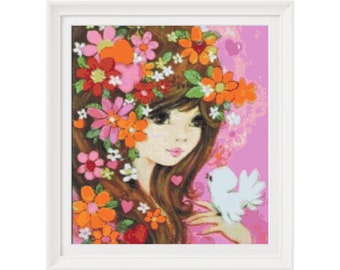 Retro Vintage Sixties Girl Hair Flowers Floral Cross Stitch Pattern PDF Instant Download