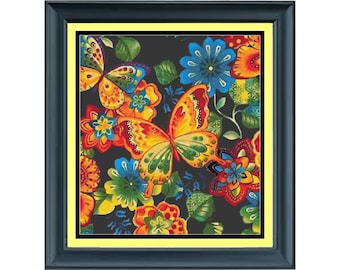 Patrón punto de cruz mariposa floral, patrón punto de cruz jardín, flores, punto de cruz contado, colores brillantes, descarga instantánea PDF
