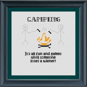 Camping Fun and Games Cross Stitch Pattern,  Funny Cross Stitch, Campfire, Counted Cross Stitch, PDF, Instant Download, Digital Pattern