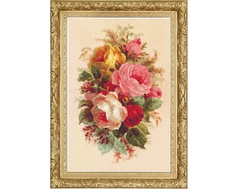 Pink and Yellow Vintage Floral Rose Bouquet, Counted Cross Stitch Pattern, Flowers,  Yellow Rose, Pink Roses, PDF, Instant Download