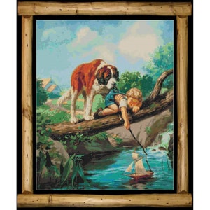 Boy and His Dog Little Boy St. Bernard Sailing Boat Full Coverage Cross Stitch Pattern