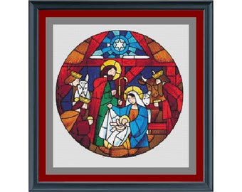 Stained Glass Nativity Cross Stitch Pattern, Mary Joseph and Baby Jesus, Counted Cross Stitch Pattern, Religious, PDF Digital Pattern