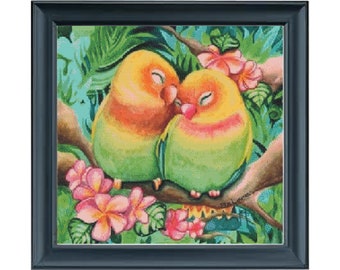 Love Birds Parakeet Birds Jungle Animal Full Coverage Cross Stitch Pattern PDF Instant Download