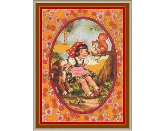 Little Girl Squirrels Unique Retro Orange Vintage Floral Cross Stitch Pattern PDF Instant Download
