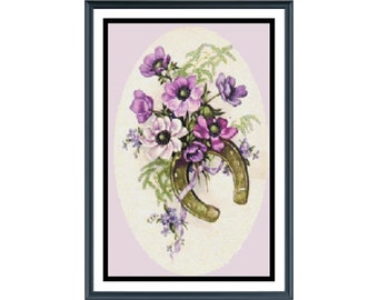 Horseshoe Bouquet, Floral Cross Stitch Pattern, Purple Flowers Bouquet Cross Stitch Pattern, Oval cross stitch Pattern, PDF Instant Download