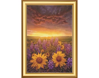 Sunflower Sunset, Cross Stitch Pattern, Flowers, Lavender, Landscape, PDF, Instant Download, Full Coverage