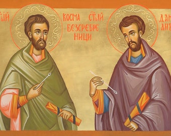 Saints Cosmas and Damian, Hand painted Orthodox icon, Christian Orthodox Iconography
