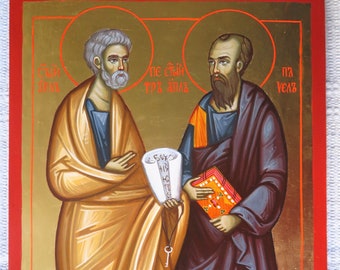 Santos apóstoles Pedro y Pablo, icono cristiano pintado a mano, arte bizantino, regalo ortodoxo, pintura de iconos