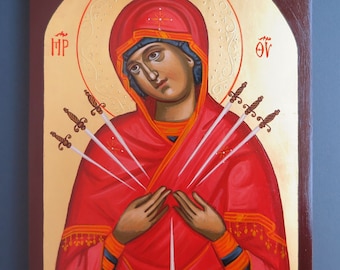 Our Lady of Sorrows, Virgin Mary Seven Swords, Handpainted Theotokos Icon, Byzantine Orthodox Iconography