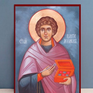 Saint Pantaleon the Holy Healer, Hand painted Byzantine icon, Orthodox icon, Egg tempera, Icon painting