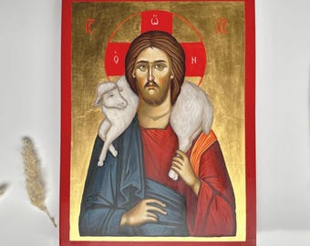 Christus der Gute Hirte, Handgemalte Ikone, Byzantinisch-Orthodoxe Ikone, Jesus und Lammmalerei