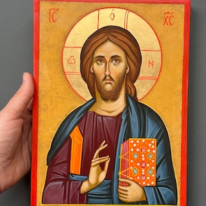 Hand-Painted Jesus Christ Pantocrator Icon: Greek Orthodox Wall Art for Home Blessing Gift