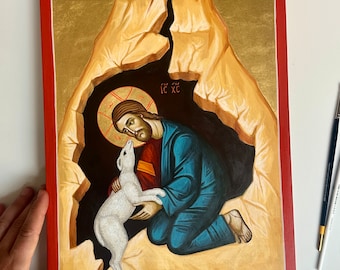Icono bizantino de Cristo el Buen Pastor pintado a mano: iconografía católica y ortodoxa