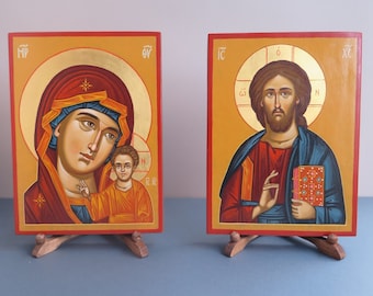 Iconos de boda pintados a mano, conjunto de iconos ortodoxos, iconografía, Theotokos y Jesucristo