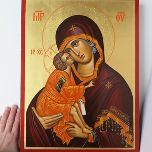 Virgin Mary Sweet Kissing, Hand painted Icon Orthodox, Mary Mother of God, Egg tempera, Hand-painted Byzantine Icon