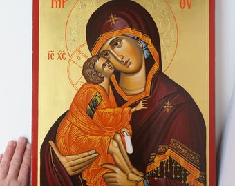 Hand-painted Byzantine Theotokos Icon, Virgin Mary and Jesus, Orthodox Iconography, Christian Wall Art