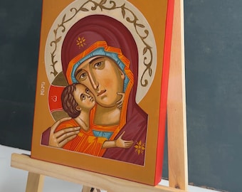Icono pintado a mano de la Madre de Dios Eleusa, arte bizantino ortodoxo, Virgen María besando dulcemente