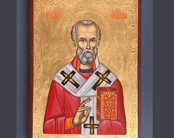 Saint Nicholas Icon, Byzantine Handmade Icon, Original Orthodox Art, Christian Home Decor