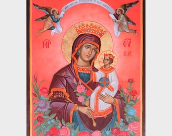 May include: A religious icon depicting the Virgin Mary holding baby Jesus. The icon is painted on a wooden panel and features a red background with gold accents. The Virgin Mary is wearing a blue robe with gold trim and a crown. Baby Jesus is wearing a white robe with gold trim. The icon is surrounded by a border of flowers.