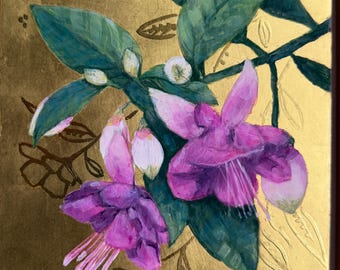 Original Real Gold Leaf Painting, Violet Fuchsia Flower Artwork, Egg Tempera Art, Framed Floral Luxury Painting