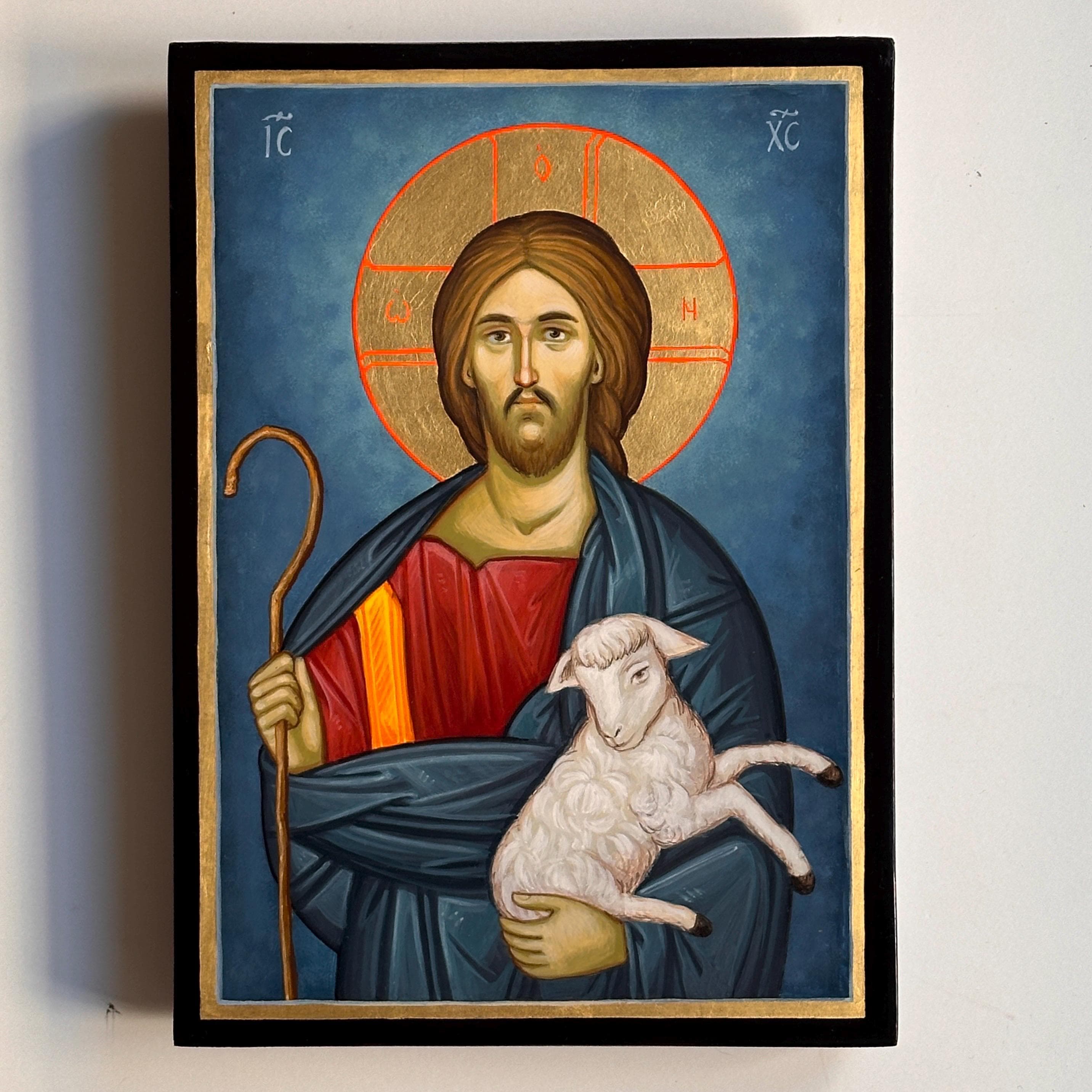 善き羊飼いのキリスト、正教会の手描きのイコン、ギリシャ・ビザンチン