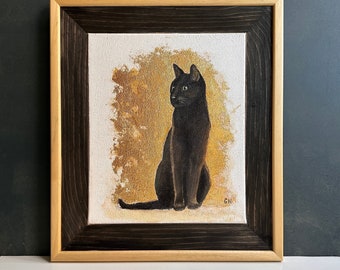 Peinture originale de chat noir, art encadré de chat noir, oeuvre d'art originale d'animal de compagnie, art mural animal, cadeau d'amoureux de chats