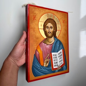 Handgemalte byzantinische Ikone, Jesus Christus Pantokrator-Ikone, handgemachte kyrillische Ikone, Ikonographie